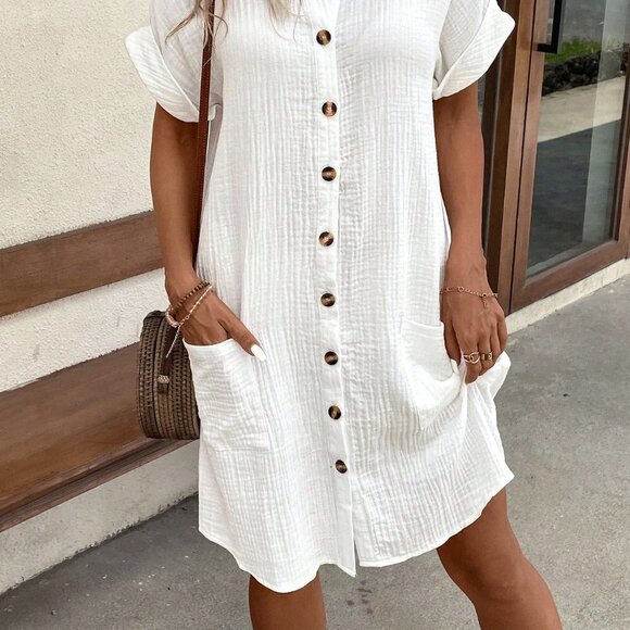 White Casual Women's Summer Solid Color Bat Wing Sleeve Pantshirt Dress - Picture 3 of 5